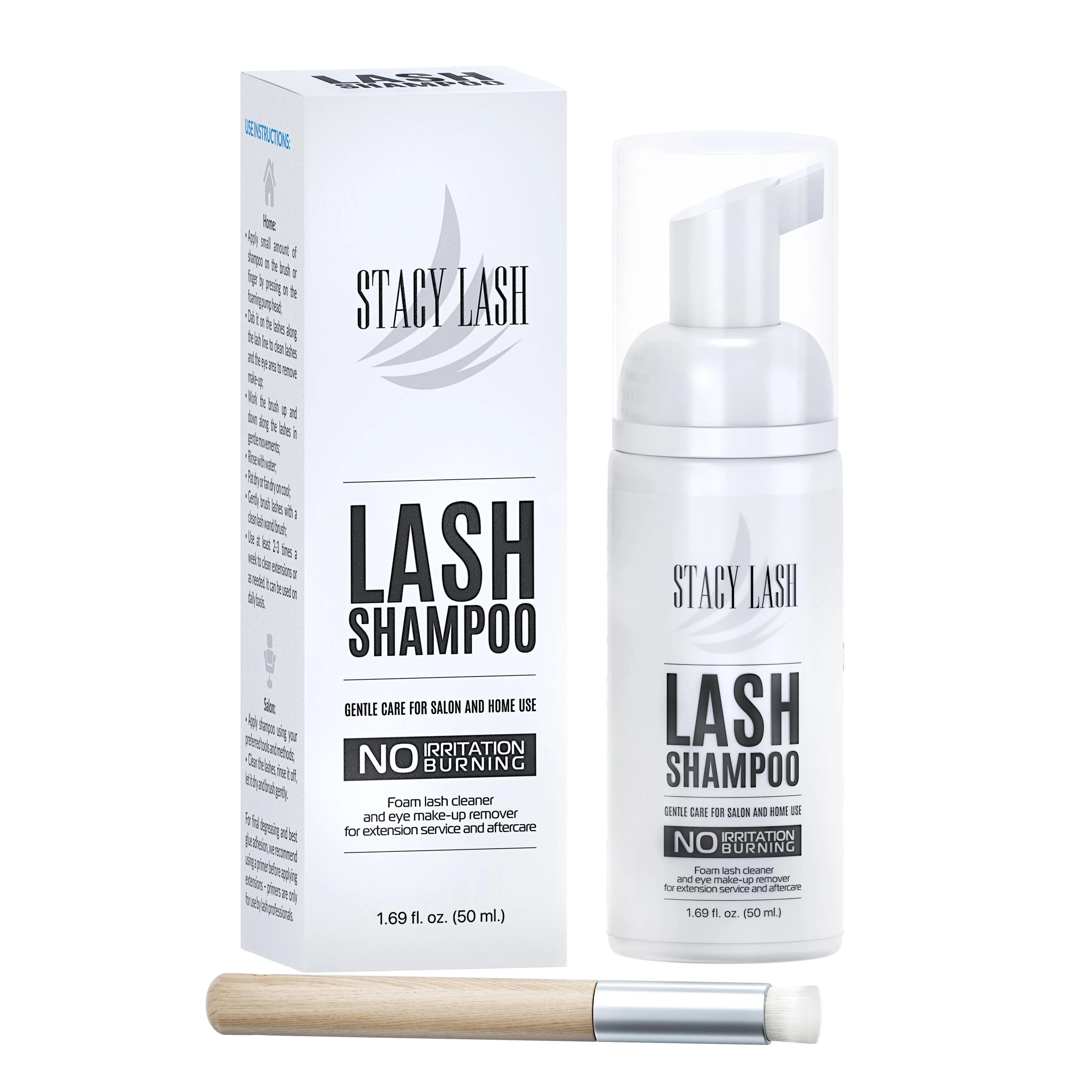 Eyelash Extension Shampoo Stacy Lash + Brush / 50ml / Eyelid Foaming Cleanser/Wash for Extensions and Natural Lashes/Paraben & Sulfate Free Safe Makeup & Mascara Remover/Profession