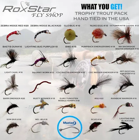 RoxStar Fly Shop Trophy Trout 24pk | Top Wet & Dry Flies for Trout. | Trout Flies Proven Nationwide to Catch Fish! | Tied in-House Never Outsourced! Proud Partner of Trout Unlimited