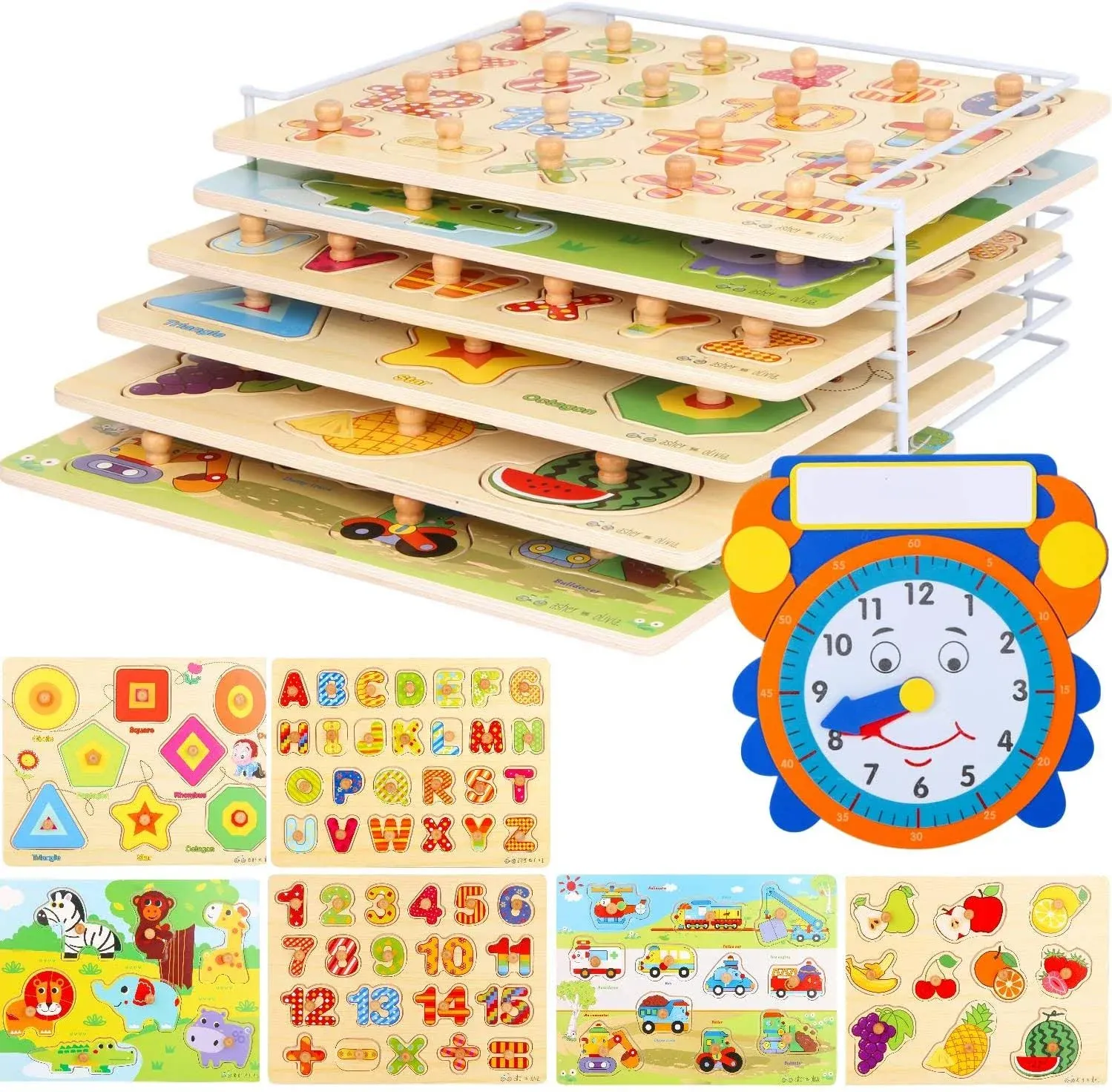 Asher and Olivia Wooden Toddler Puzzles (6-pack) and Storage Rack, Peg Puzzles ...