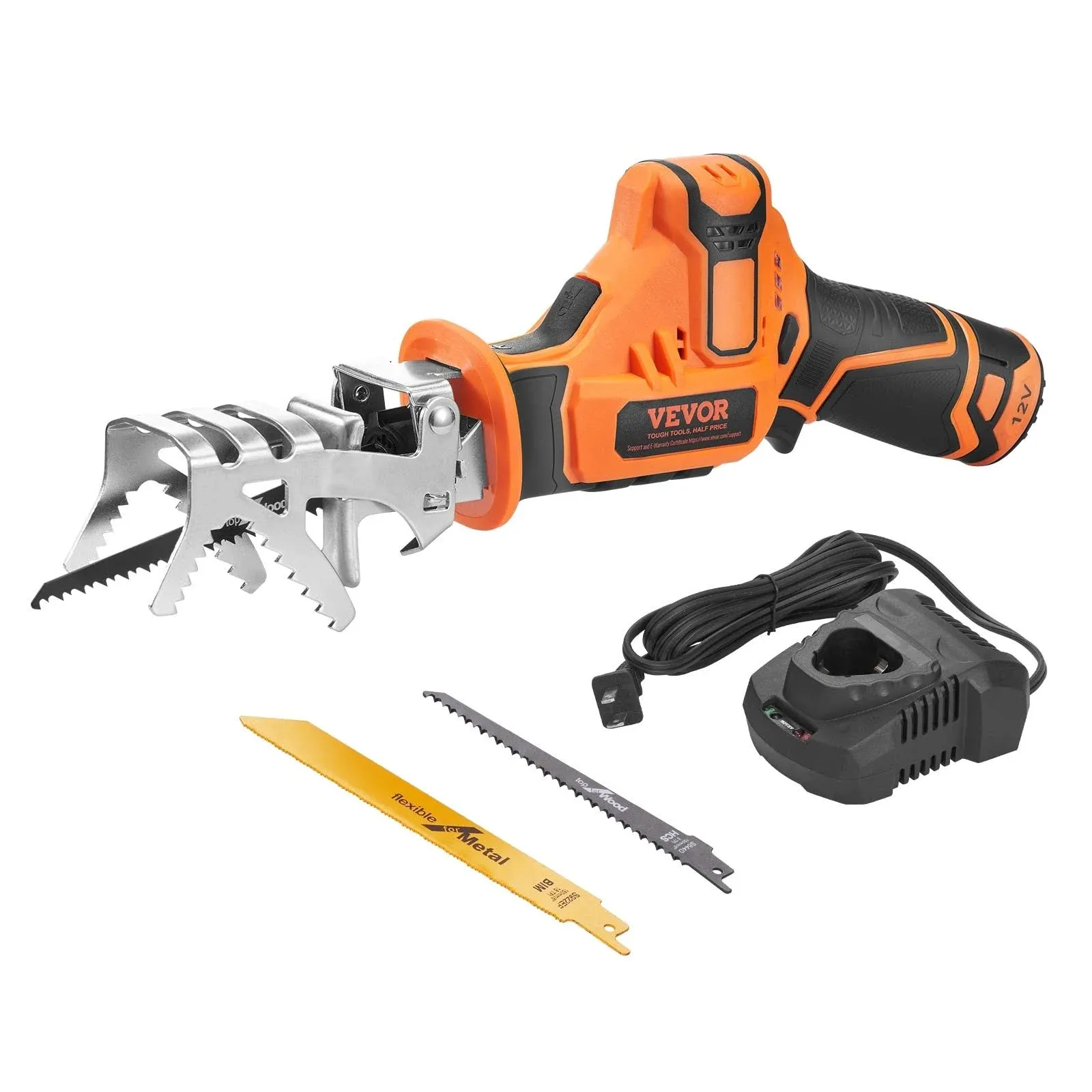 VEVOR Cordless Reciprocating Saw, 0-2700RPM Variable Speed, 0.8&quot; Stroke Fast Cutting, 12V 45 Mins Fast Wireless Charging, Battery Powered with Branch Support and Blades for Wood, Metal, PVC