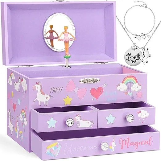 efubaby Musical Jewelry Box for Girls 3 Layer Jewelry Organizer with Drawers Spinning Ballerina Unicorn Design Included Unicorn Jewelry Set Kids Birthday Christmas Gifts for Girls, Purple