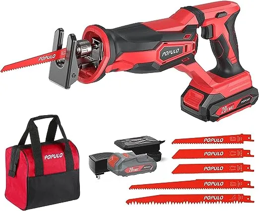 POPULO Cordless Reciprocating Saw, 20V MAX Battery Power Saw, Electric Reciprocating Saws for Wood, Trees, Metal, or PVC Pipe Cutting, Cordless Saw