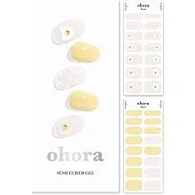 ohora Semi Cured Gel Nail Strips (N Egg & Fry) - Yellow/White, Patterned, Works with UV/LED Lamps, Salon-Quality, Long Lasting, Easy to Apply & Remove - Includes 2 Prep Pads, Nail File & Wooden Stick