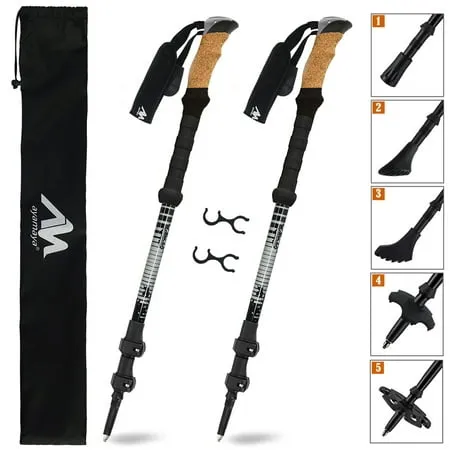 Carbon Fiber Trekking Poles Pair - Collapsible Walking Hiking Sticks Cork Handle Alpenstock Lightweight Anti-Shock Quick Lock