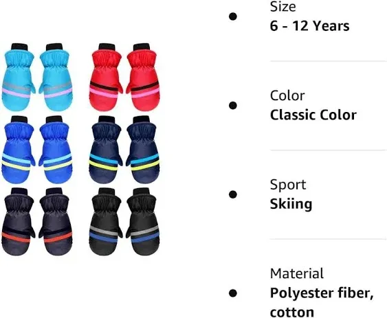 SATINIOR 6 Pairs Kids Winter Snow Mittens Waterproof Warm Ski Gloves Unisex Glov