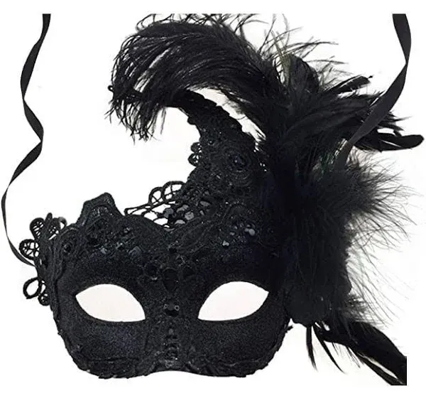 Attitude Studio Black Gothic Masquerade Mask with Embroidery Trims and Feathers