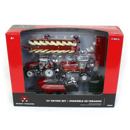 Massey Ferguson 1/64 4 Piece Haying Set Includes Tractor, Wind Rower, Baler, Hay Rake, and Bales by Ertl 16421