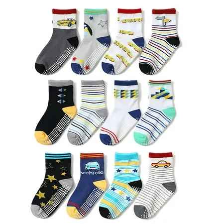 Toddler Socks 12 Pairs Baby Non Slip Skid Ankle Socks For Kids Boys Grips Cotton Crew Socks