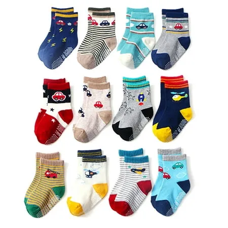 Toddler Socks 12 Pairs Baby Non Slip Skid Ankle Socks For Kids Boys Grips Cotton Crew Socks