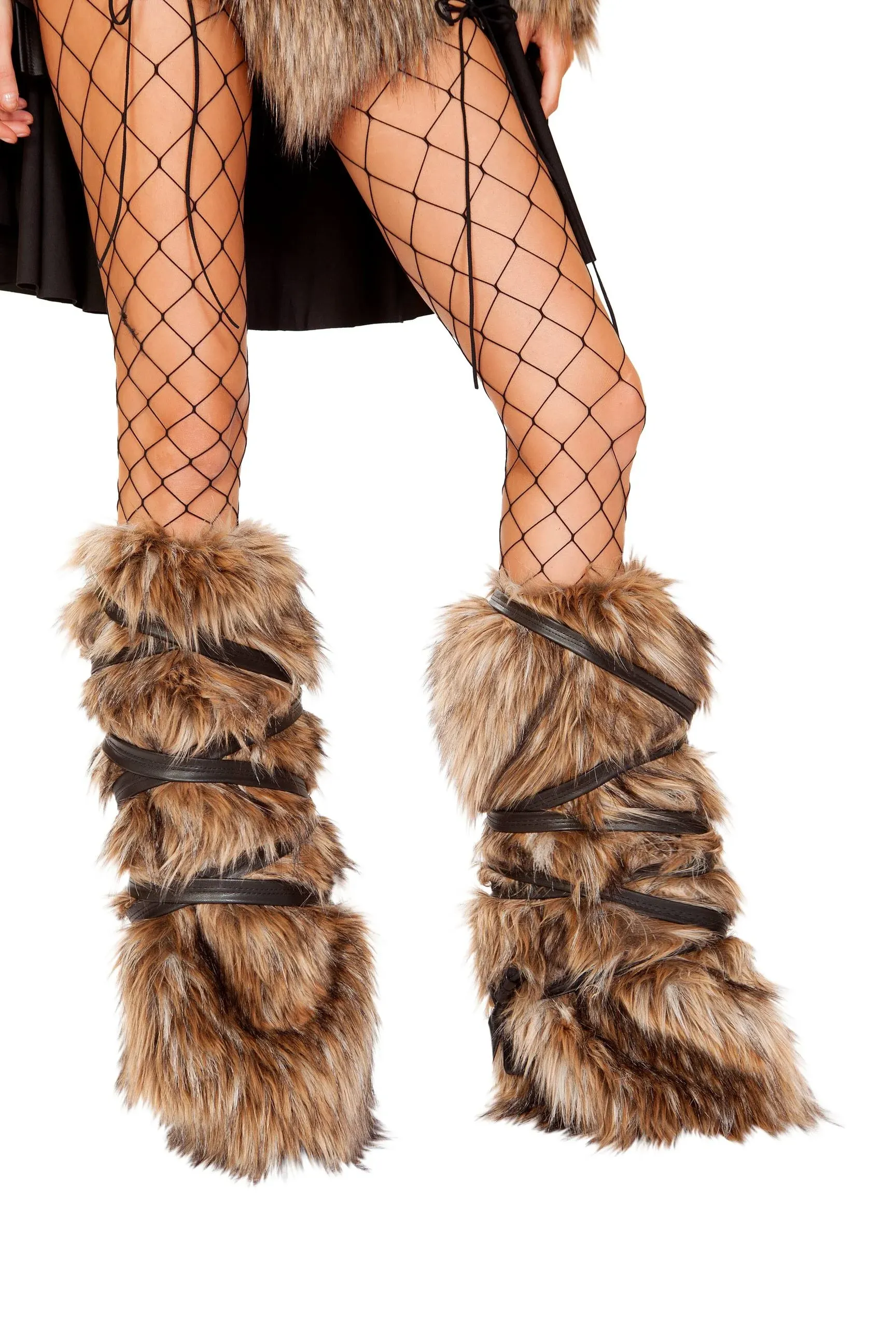 Viking Faux Fur Leg Warmers Strappy Furry Fuzzy Boot Covers Wraps Straps Costume