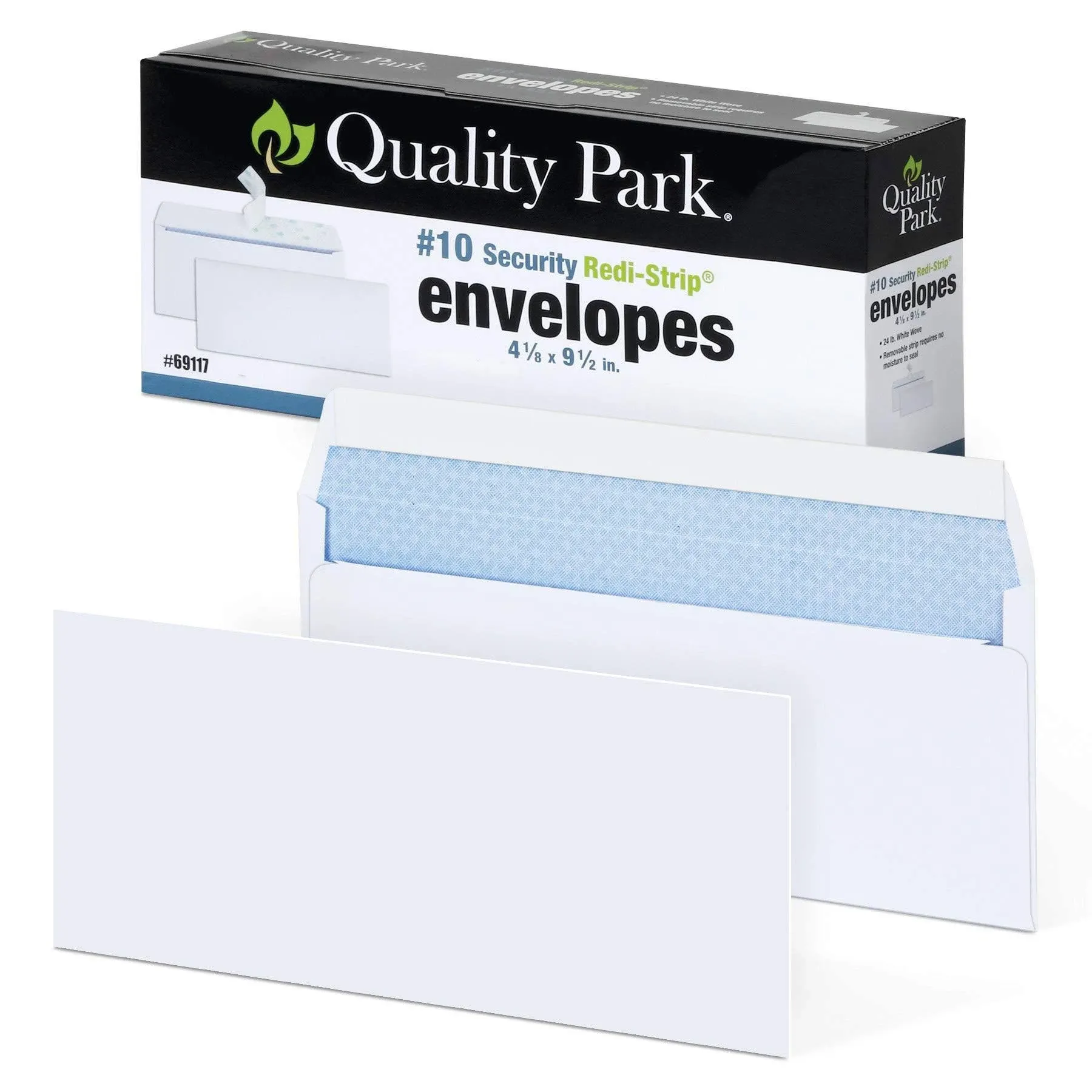 Quality Park #10 Security Envelopes, No Window, Redi-Strip Self Seal Envelopes, 24-lb White Wove, 4-1/8" x 9-1/2", 100 per Box (QUA69117)