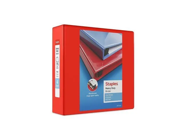 Staples Heavy-Duty 4-Inch D 3-Ring View Binder, Red (24698-US)