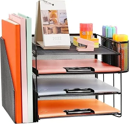 COMFYROOM Desk Organizer with File Holder, 4-Tier Letter Paper Tray Organizer with 2 Pen Holders, Desk Organizers and Accessories for Office Supplies, Mesh Desktop File Organizer and Storage