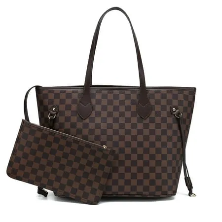 Twenty Four Checkered Tote Shoulder Bag Women s Crossbody Travel Satchel - Pu Vegan Leather (Cf Brown) Mothers Day Gift Bag