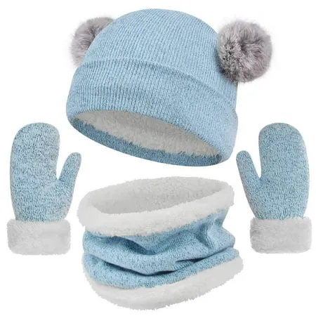 3Pcs Kids Winter Beanie Hat Scarf Gloves Set for 2-6-10-14 Years Old Boys Girls, Knit Thick Warm Fleece Lined Thermal Sets