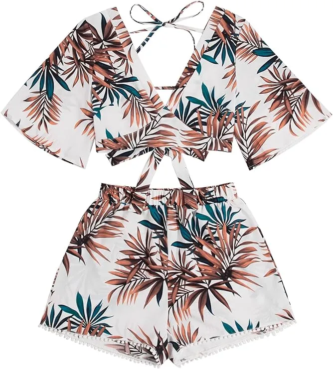 SweatyRocks Women's 2 Piece Boho Butterfly Sleeve Knot Front Crop Top with Shorts Set