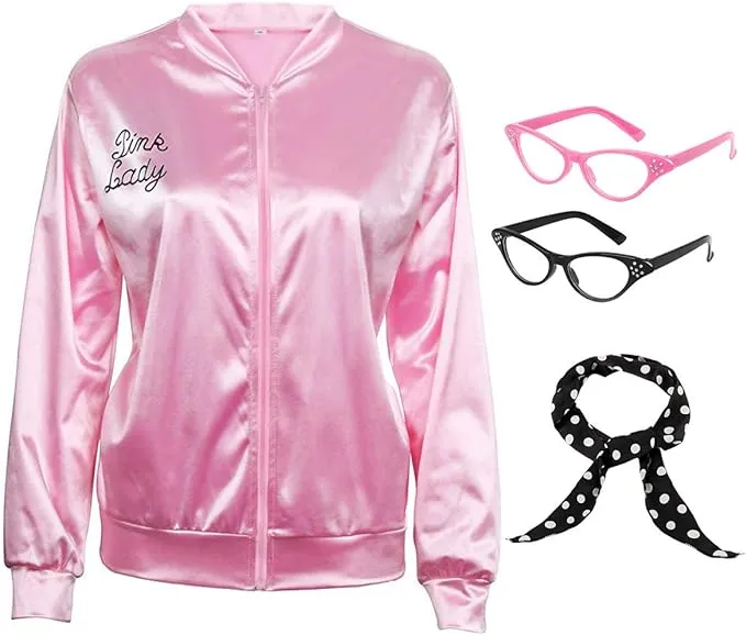 NielijuanST 50S Pink Satin Zipper Jacket with Polka Dot Scarf Cat Eye Glasses...