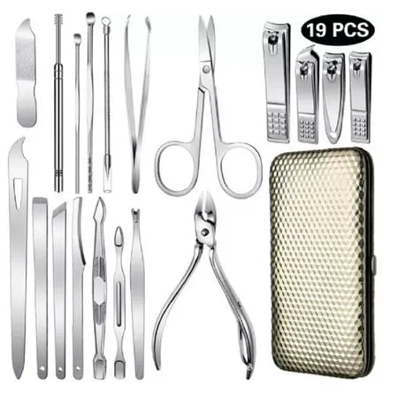 19 Pcs Stainless Steel Manicure Kit Nail Clippers Pedicure Kit Grooming Kit Tool Professional Pedicure Kit Functional Travel Nail Care Kit Stainless Steel Fingernail & Toenail Clippers Set