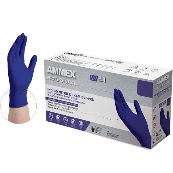 Ammex Indigo Nitrile Exam Latex Free Disposable Gloves (Box of 100) - Small