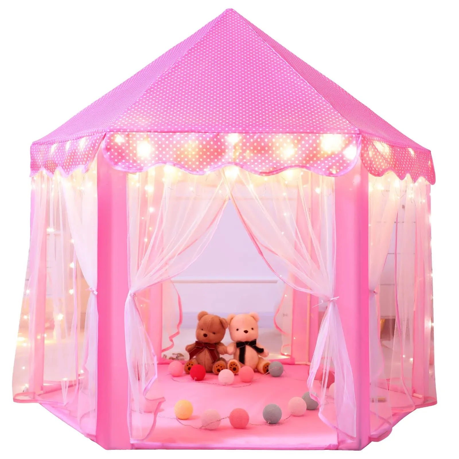 Princess Castle Play Tents for Girls, Kids Play Tent with Star Lights Large Pink