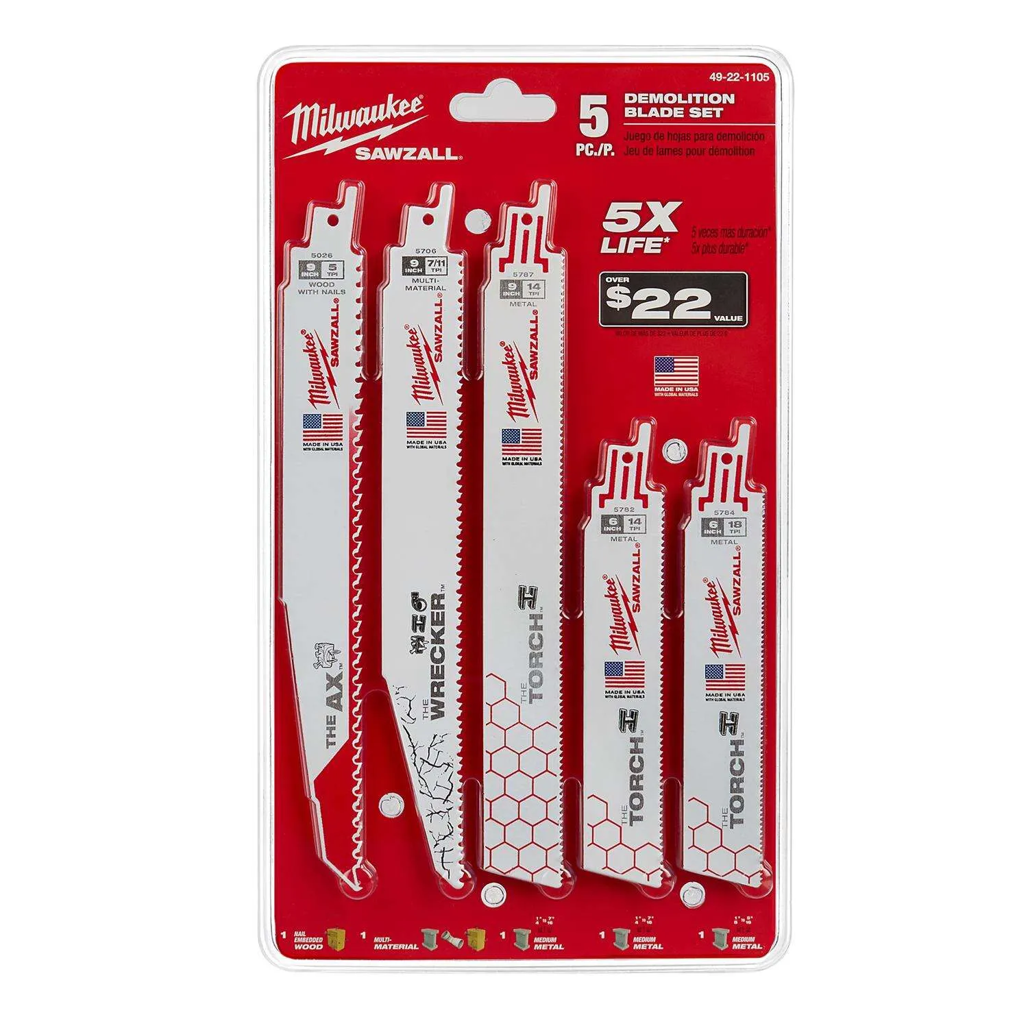 Milwaukee 49-22-1105 5 Piece Demolition Sawzall Blade Set