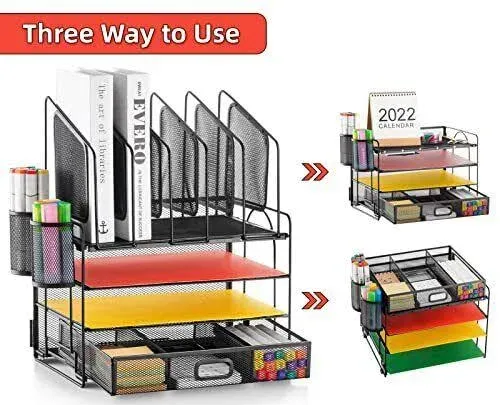 Marbrasse Desk Organizer With Drawer, 4-tier Mesh Desk File Organizer