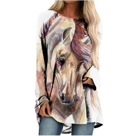 MELDVDIB Women s Casual Long Sleeve Tops Horse Printing Crew Neck Round Hem Loose T-Shirts Tunic Tops