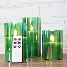 Eywamage Green Glass Flameless Candles with Remote, Flickering LED Battery Candles Festival Home Decor D 3 inch H 4 inch 5 inch 6 inch