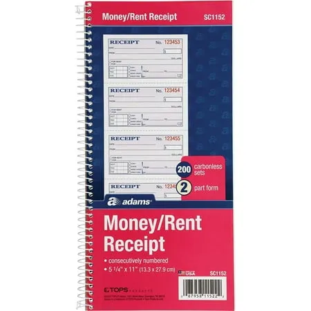 Adams Money And Rent Receipt Book, 2-Part Carbonless, 5-1/4 X 11 , Spiral Bound, 200 Sets Per Book, 4 Receipts Per Page (SC1152)