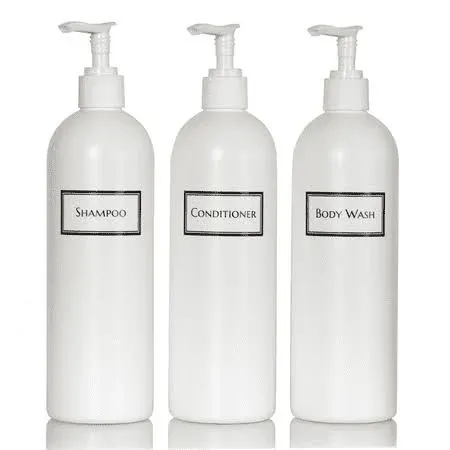 Silkscreened Empty Shower Bottle Set for Shampoo, Conditioner, and Body Wash, Cosmo/Bullet 16 oz 3-Pack, White (White Pumps)