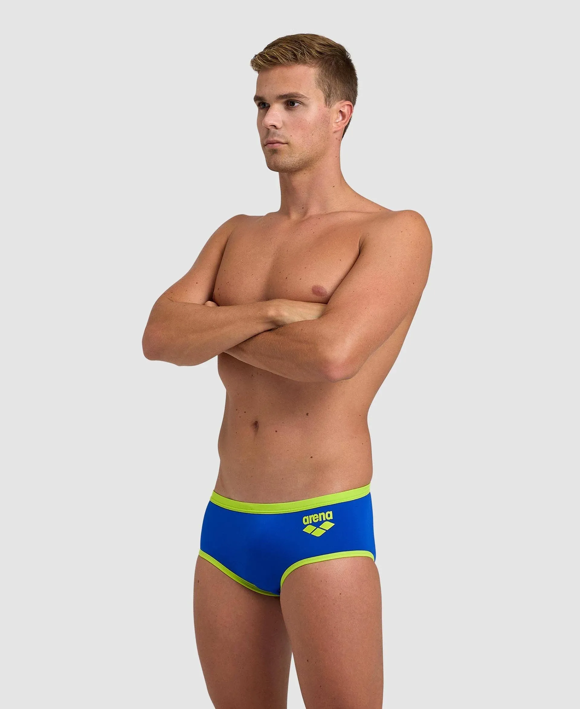 Arena Men's One Big Logo Brief Swimsuit - Neon Blue/Soft Green | Polyester - Swimoutlet.com