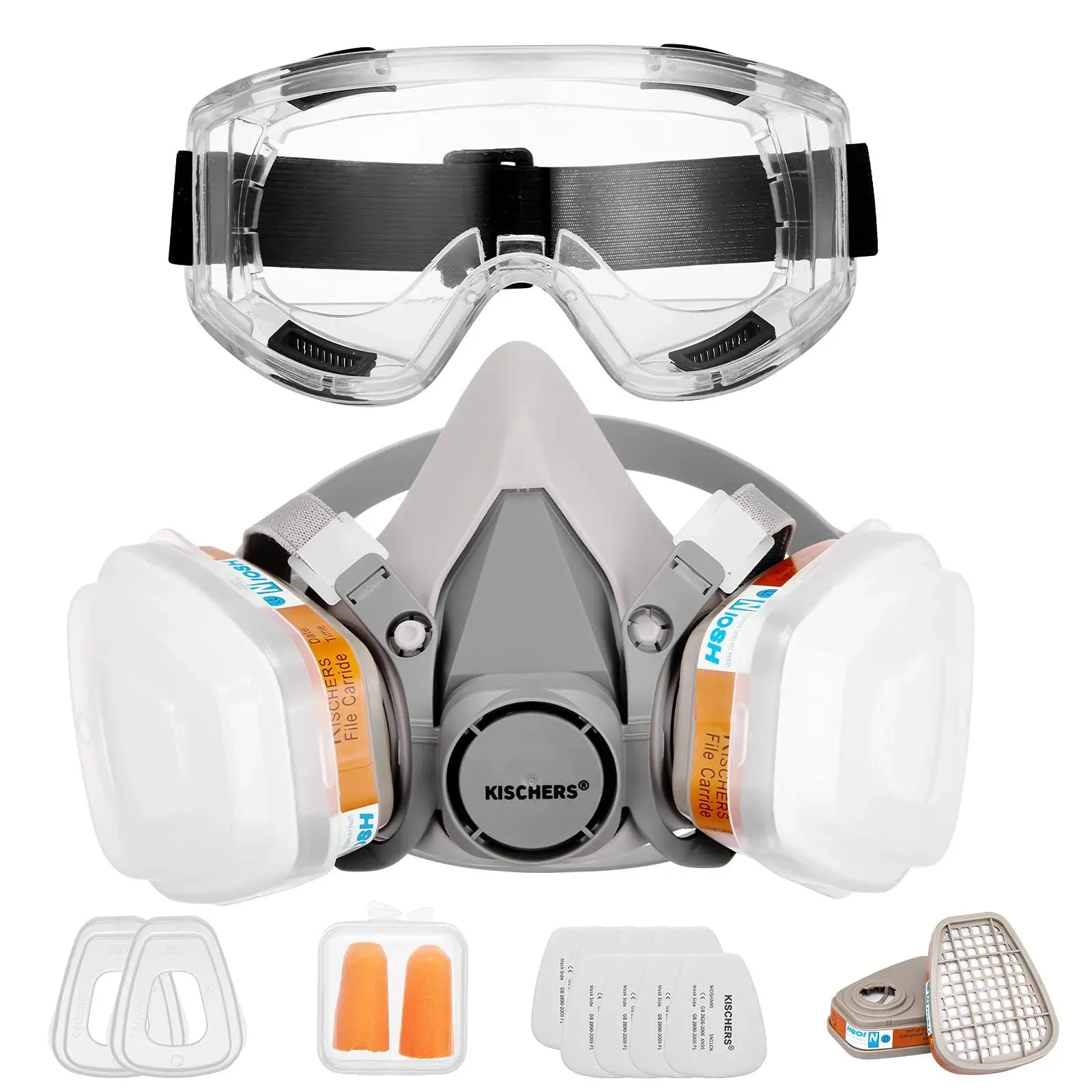 KISCHERS Reusable Half Facepiece and Anti-Fog Safety Goggle Set Against Dust/Organic Vapors/Smells/Fumes/Sawdust/Asbestos Suitable for