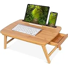 BIRDROCK HOME Bamboo Wood Lap Tray with Foldout Legs, Storage Drawer, Fits Laptops Up to 17", Tablet and Phone Slot, Laptop Table for Sitting or Standing, Work from Home, Workstation - Natural