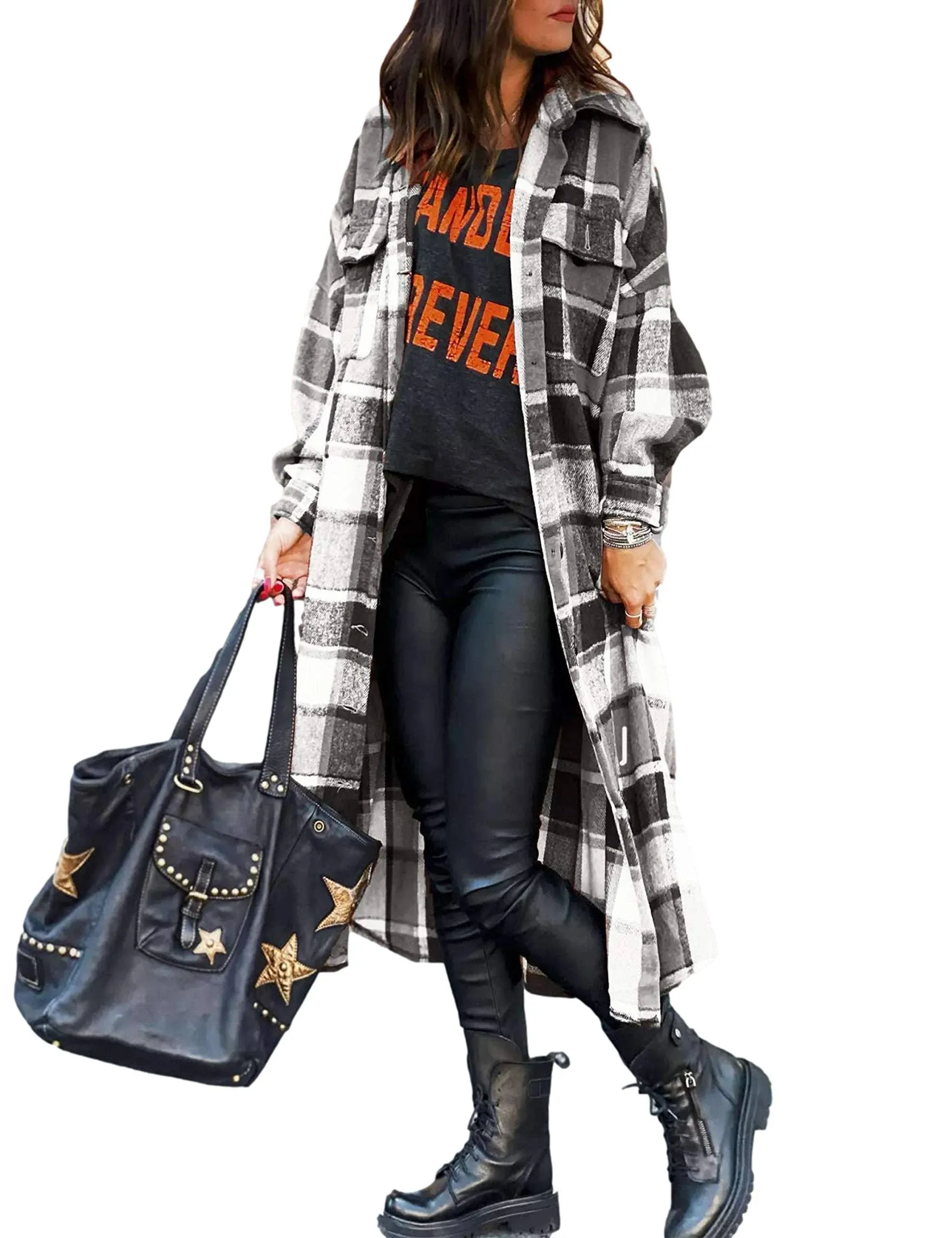 UANEO Womens Casual Plaid Button Down Long Puff Sleeve Long Trench Coats Shackets ...