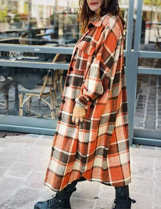 UANEO Womens Casual Plaid Button Down Long Puff Sleeve Long Trench Coats Shacket