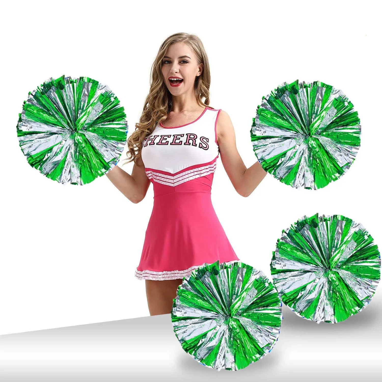 Pack of 4 Cheerleading Pom Poms Foil Plastic Metallic Cheerleader Pom Poms for Cheer Sport Kids Adults Team Spirit Cheering (Green/Silver)