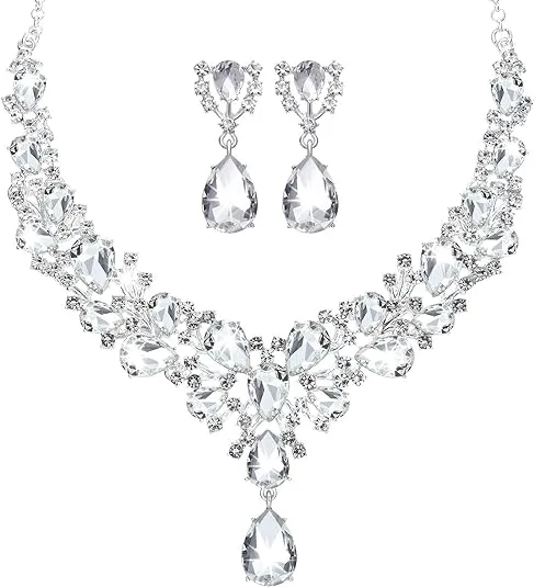 Hicarer Bridal Teardrop Cluster Crystal Jewelry Set for Women Necklace Earrings