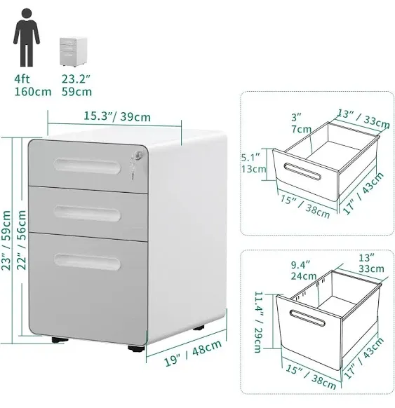 3-Drawer Rolling File Cabinet, Metal Mobile File Cabinet with Lock, Filing ...