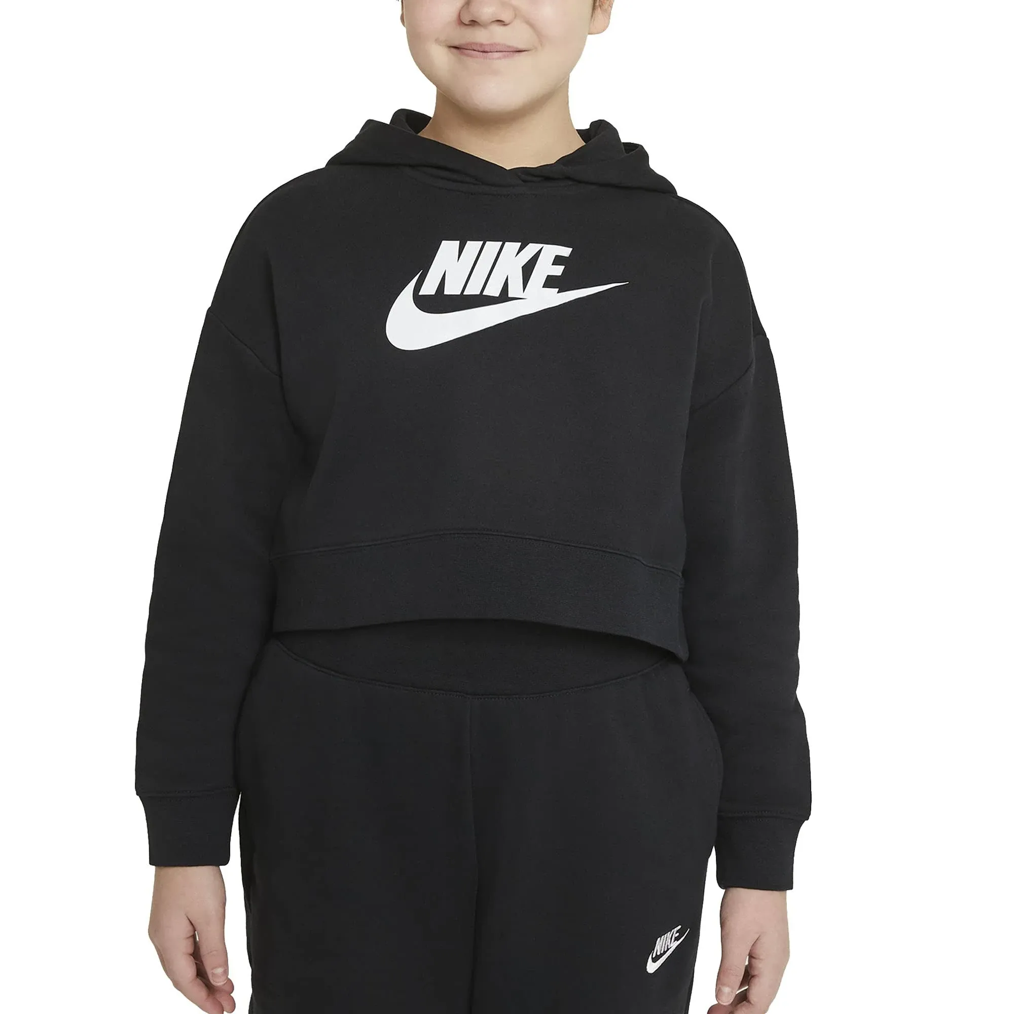 Nike Kid&#039;s NSW Big French Terry Cropped Hoodie DC7672-010 Black/White SZ XS-2XL