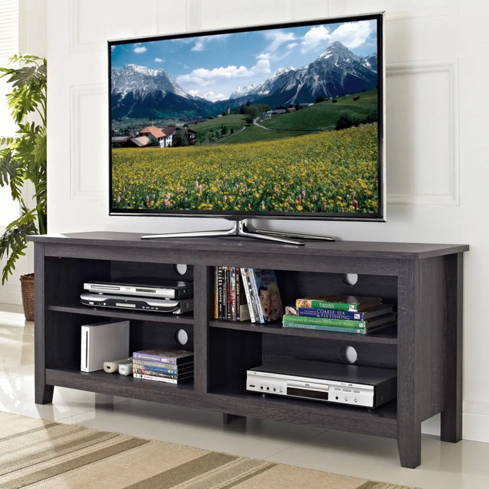 Walker Edison Wren Classic 4 Cubby TV Stand for TVs up to 65 Inches, 58 Inch, Charcoal