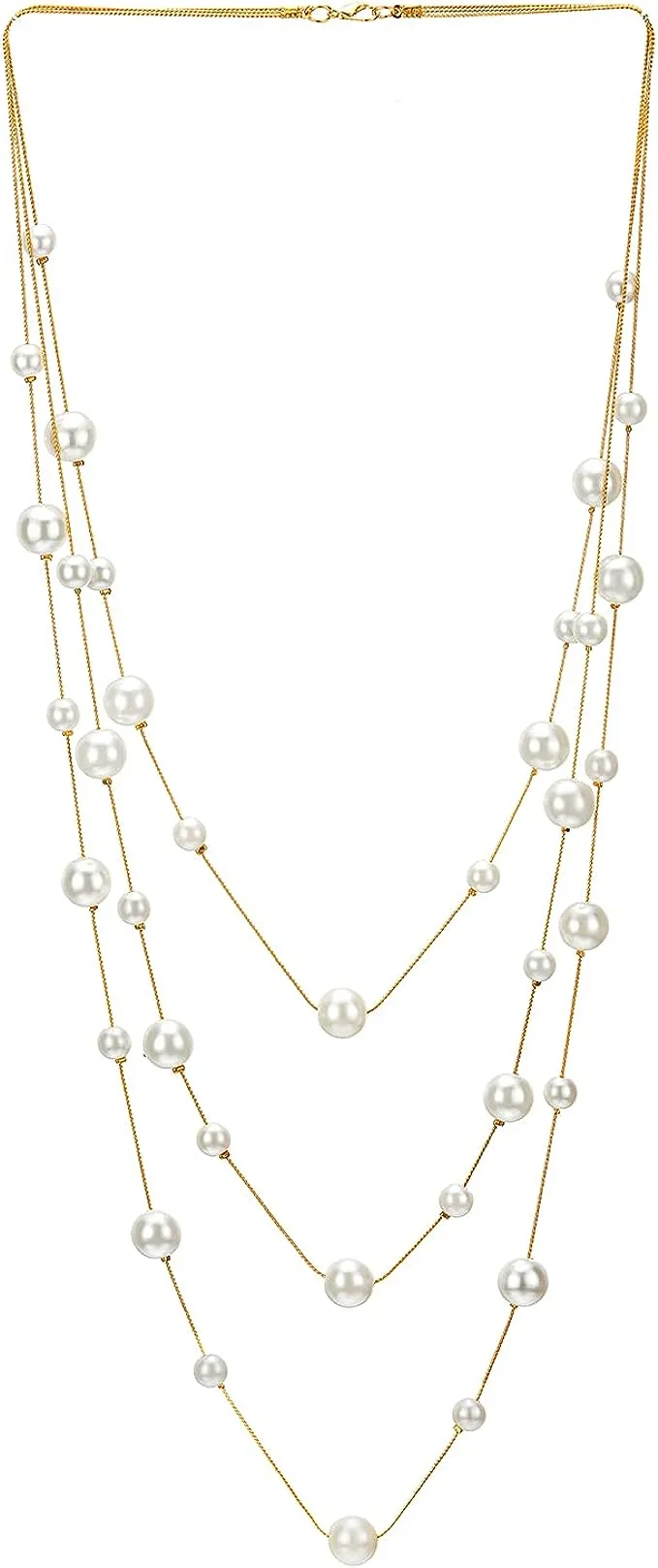 Statement Necklace Three-Strand Long Chains with Synthetic Pearl Beads, Elegant, Dress