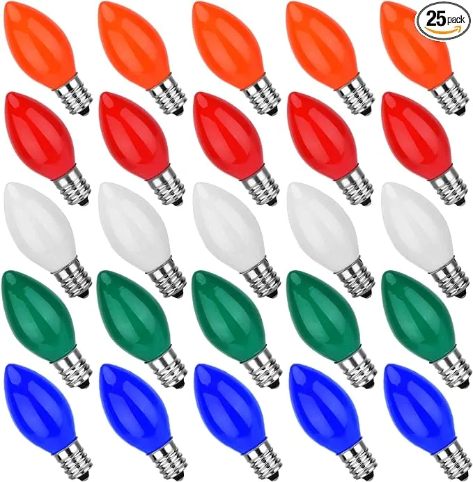 25 Pack C7 Ceramic Christmas Replacement Bulbs, Multi-Color Bulbs for E12 Candelabra Base Outdoor/Indoor Light String, 5 Watt