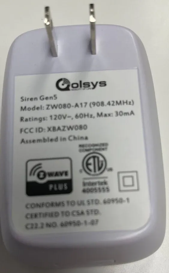 Used Qolsys Wireless Siren Repeater Z-Wave Plug-In 3 LED Light IQ QZ2300-840 US