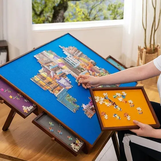 Jigsaw Puzzle Table with Foldaway Legs & Tilting Stand & Cover & 6 Colorful ...