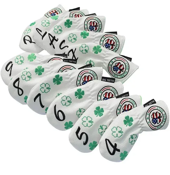 Big Teeth Golf Cover Lucky Clover Headcover Covers, Driver Fairway Wood Hybrid Headcovers Fits Blade Mallet Putter Iron and Woods with Magnetic White Shamrock Head Club Protector Leather