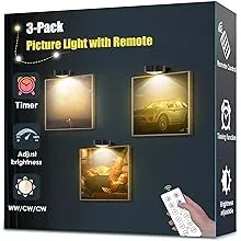 3-Pack Picture Light Battery Operated, Led Lights with Remote, Dimmable and Timer Painting Light, Art Display Light for Picture Frame Artworking Portrait, Home Wall Decor Puck Lights, Black