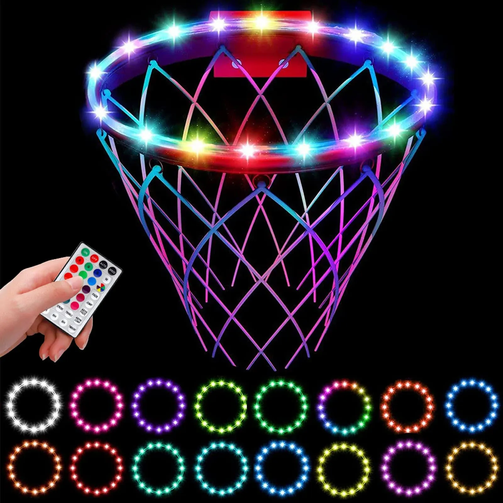 LED Basketball Hoop Light, Waterproof Super Bright Basketball Rim Lights,Remote Control 16 Colors and 7 Lighting Flicker Change, for Night Outdoor Basketball Games