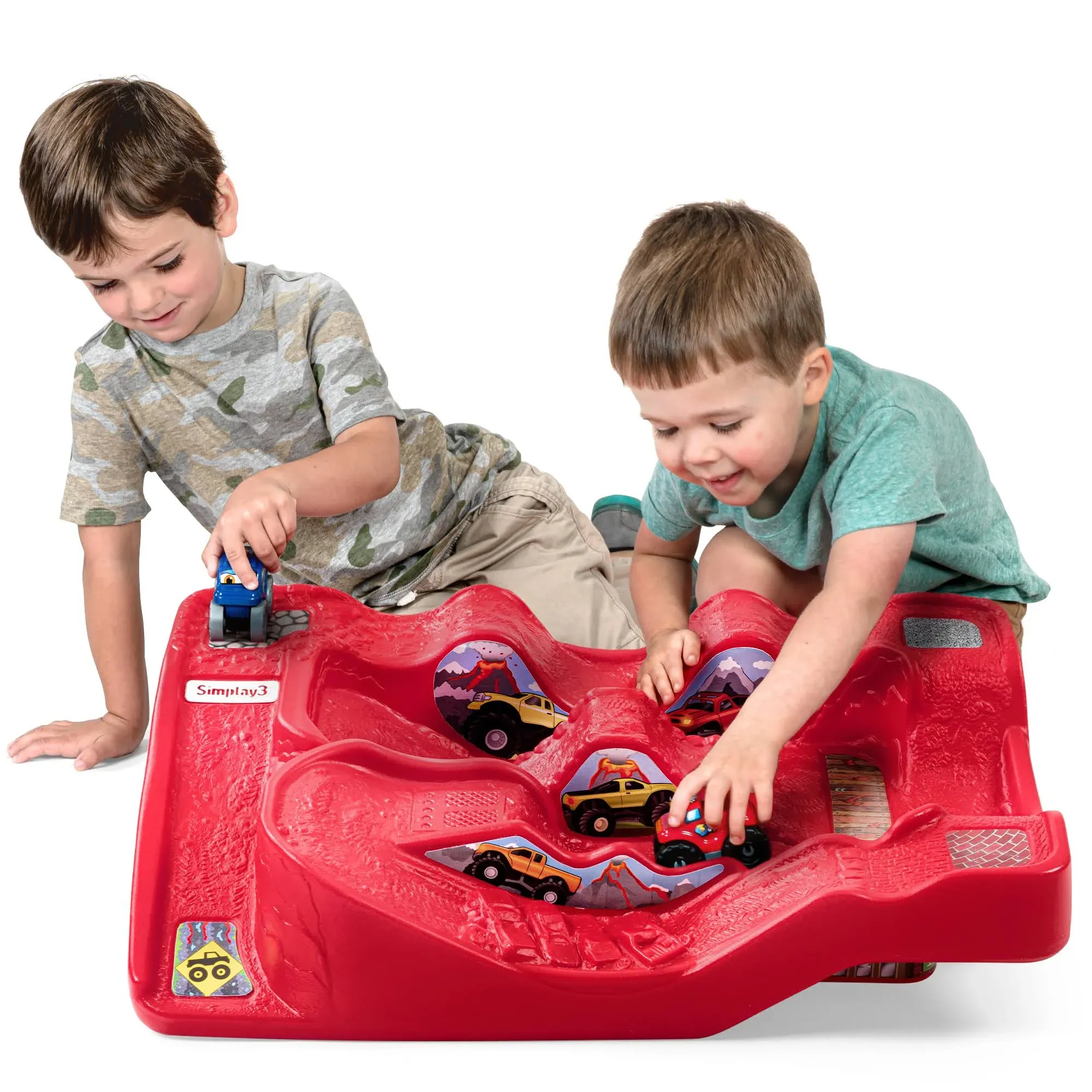 Simplay3 Monster City Extreme Wheels Monster Truck and Car Race Track Table - Red Portable 2 Sided Kids Play Table with 2 Monster Race Trucks - Made in USA