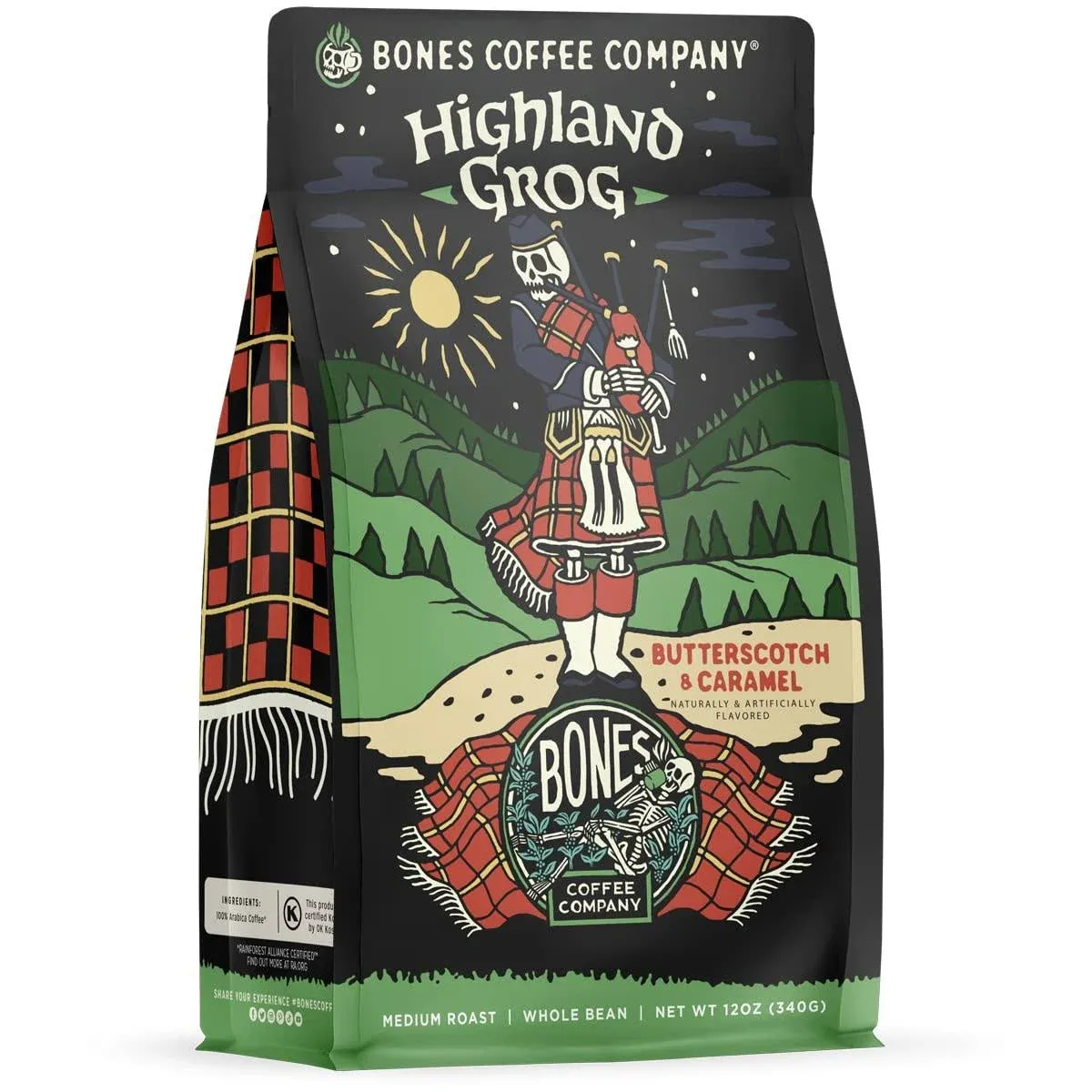 Bones Coffee Medium Roast Whole Bean Coffee | 12 oz Highland Grog Butterscotch ...