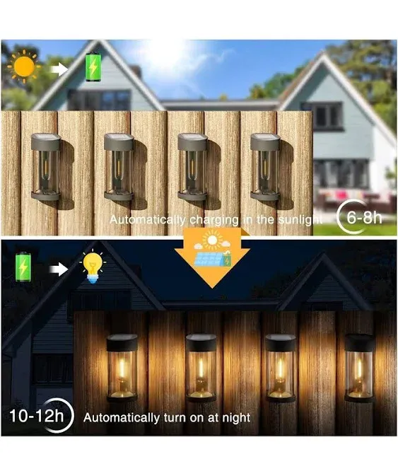 8 Pack Solar Fence Lights Outdoor, Metal Glass Solar Wall Lights Deck Lights Sol